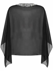 Capa chal de gasa negra con detalle de cuello con cuentas brillante, envoltura nupcial de verano ligera.