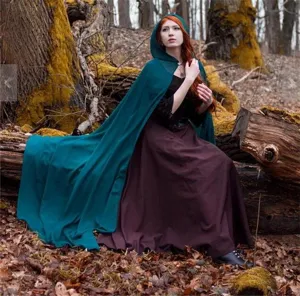 Women long hooded cloak dark green chiffon cape vintage Halloween cosplay costume photography