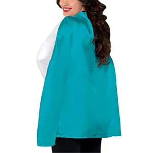Teal short cape detail shot, lightweight hoodless cloak for Halloween costume and cosplay parties.