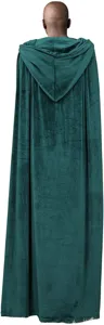 Dark green velvet hooded cloak detail view, medieval costume cape for parties and cosplay events.