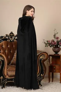 Medieval vintage hooded black velvet cloak cape for cosplay costume, lightweight gothic outerwear.