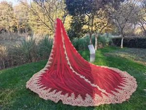 Red bridal veil with gold embroidery lace cathedral wedding cape long veil for bride