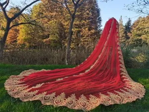Stunning red bridal cathedral wedding veil with intricate gold lace embroidery and long cape design.