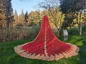 Red bridal veil with golden lace embroidery, cathedral length wedding cape for ceremony.