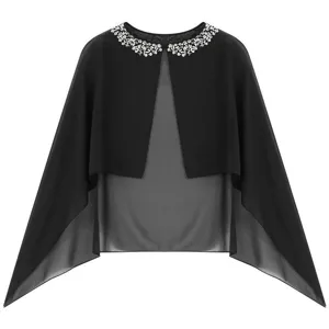 Elegante capa chal de gasa negra para mujer con cuello de cuentas, ligero pañuelo de protección solar.