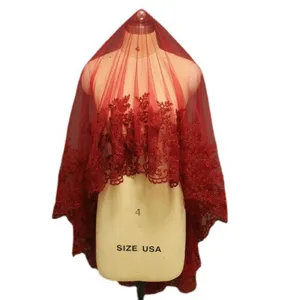 Velo da sposa rosso scialle in rete con squisito ricamo in pizzo per matrimoni e feste.