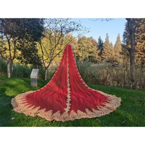 Red bridal wedding veil with gold embroidery lace cathedral cape long elegant design for ceremony