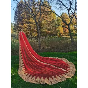 Long red bridal wedding veil with stunning gold lace embroidery cathedral cape display.
