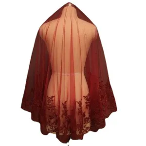 Velo da sposa rosso ricamo pizzo scialle rete accessorio matrimonio elegante bordeaux