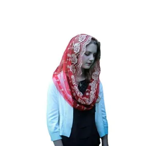 Exquisite red mesh embroidered veil detail showing delicate lace floral trimming and sheer fabric.