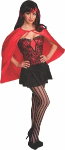 Detail view of the stylish red short cape and black lace corset costume for Halloween events.
