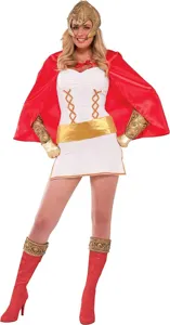 Halloween adult costume set detail showing white dress red cape gold helmet and boots.