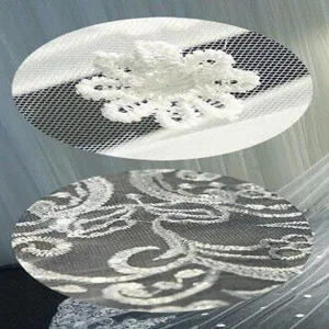 Close-up detail van bruidssluier witte kant borduurwerk en mesh stof textuur accessoire.