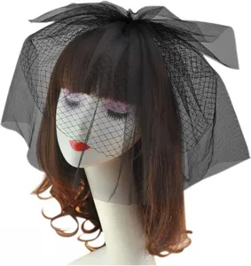 Black mesh birdcage veil wedding bridal hair accessory with bow and comb for elegant events.