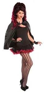 Halloween cosplay costume set featuring a black cape, dress, and striped tights for women.