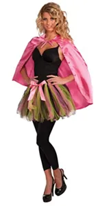Women pink satin cape costume with tutu skirt and black top for Halloween party performance.