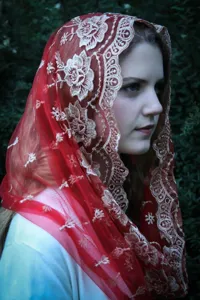 Red mesh embroidered veil woman head covering lace detail elegant religious headscarf vintage