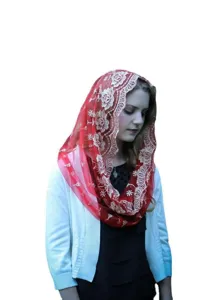 Red mesh embroidered head covering for women, elegant floral lace veil scarf for daily wear.