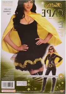 Halloween yellow cape costume set detail, featuring a vibrant short cloak and black dress.