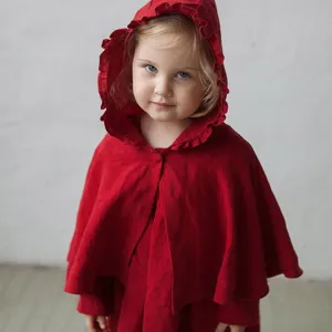 Kids Christmas Little Red Riding Hood Hooded Cape Short Cloak Winter Warm Festival Party Outerwear Cotton Blend