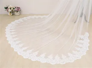 Gedetailleerd overzicht van de elegante witte kanten bruidssluis met prachtige randafwerking.