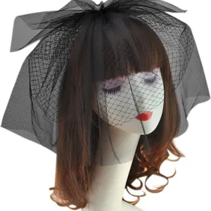 Black mesh bridal birdcage veil with big bow and comb, short wedding veil for women.