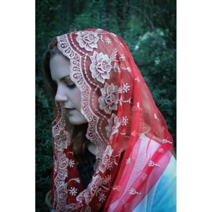 Red mesh embroidered veil for women head covering elegant floral lace headscarf main view