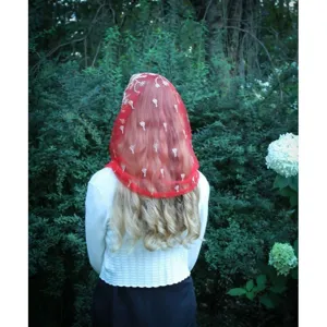 Red mesh embroidered head veil for women, elegant decorative hair cover for daily wear.