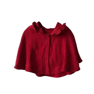 Red hooded kids winter cape with ruffled collar, cute short cloak for children holiday outfits.