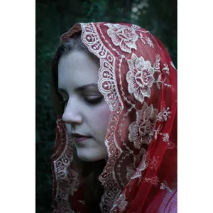 Red mesh embroidered head veil for women, elegant floral lace mantilla scarf headwear.