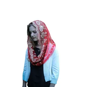 Red mesh lace embroidered veil for women, elegant headscarf and decorative bridal mantilla.