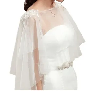 White bridal tulle cape sheer wedding shawl elegant lace appliques bridal dress accessory