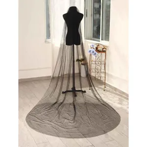 Zwarte lange kathedraal bruidssluis detailopname, tule accessoire voor dramatische fotografie.