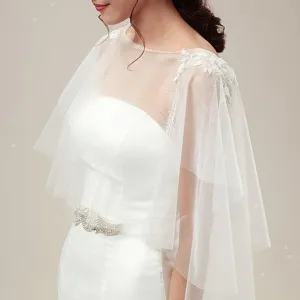 Bride wedding short pullover tulle cape bridal accessory lace applique shawl white