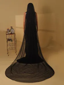 Zwarte lange enkele laag tule sluier gotische fotografie extra lange slepen cape Halloween