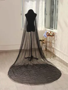 Zwarte lange tule sluier dramatische sleep Halloween kostuum cape mesh foto rekwisiet gothisch