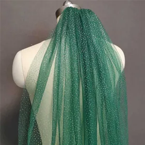 Donkergroene glitter tule bruidssluier korte trouwsluier voor ceremonie en modeshow.