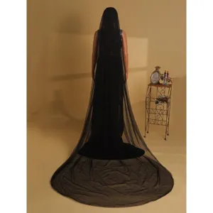 Zwarte lange tulle sluier Halloween fotografie cape rauwe rand enkellaagse fijne net stof
