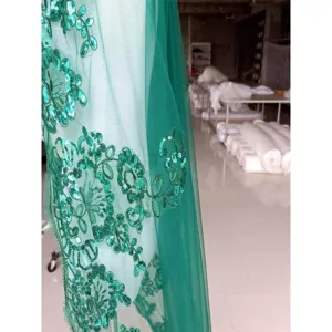 Green sequin lace fabric detail, exquisite embroidery and sparkly sequins for bridal veil.