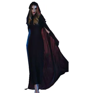 Black hooded vampire dress detail, gothic cosplay costume close up view for party.