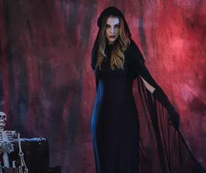 Halloween cosplay black hooded cloak witch vampire dress mysterious long robe costume for women