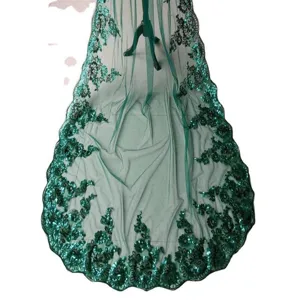 Dark green sequin lace embroidery fabric long single layer bridal veil wedding DIY material.