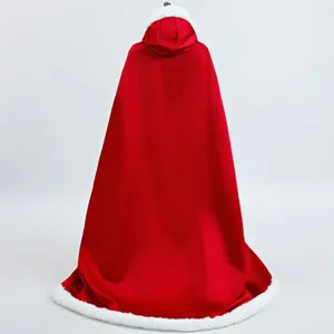 Detailed back view of red winter hooded cloak featuring soft white faux fur trim and long hem.
