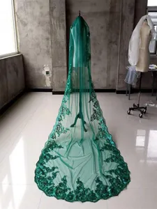 Long green sequin lace bridal veil single layer wedding accessory elegant bridal veil drape