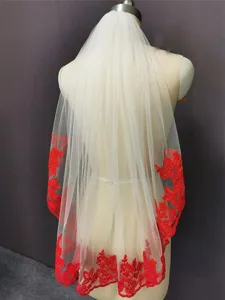 Ivory bridal veil with red embroidery lace wedding tulle hair accessories elegant headpiece