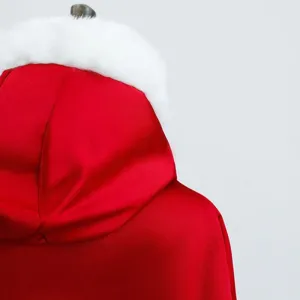 Christmas red winter warm hooded cloak detail shot, cozy faux fur trim cape for women.