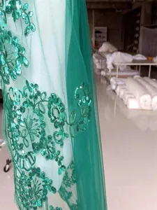 Green sequin lace fabric trim embroidery for bridal veil wedding dress sewing DIY.