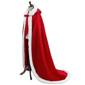 Red winter warm Christmas hooded cloak with luxurious white faux fur trim for women.