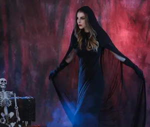 Halloween black hooded cloak vampire cosplay witch costume long dress mysterious outfit