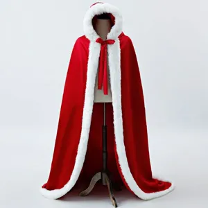Christmas red winter warm long hooded cloak cape with plush white trim for women party wear